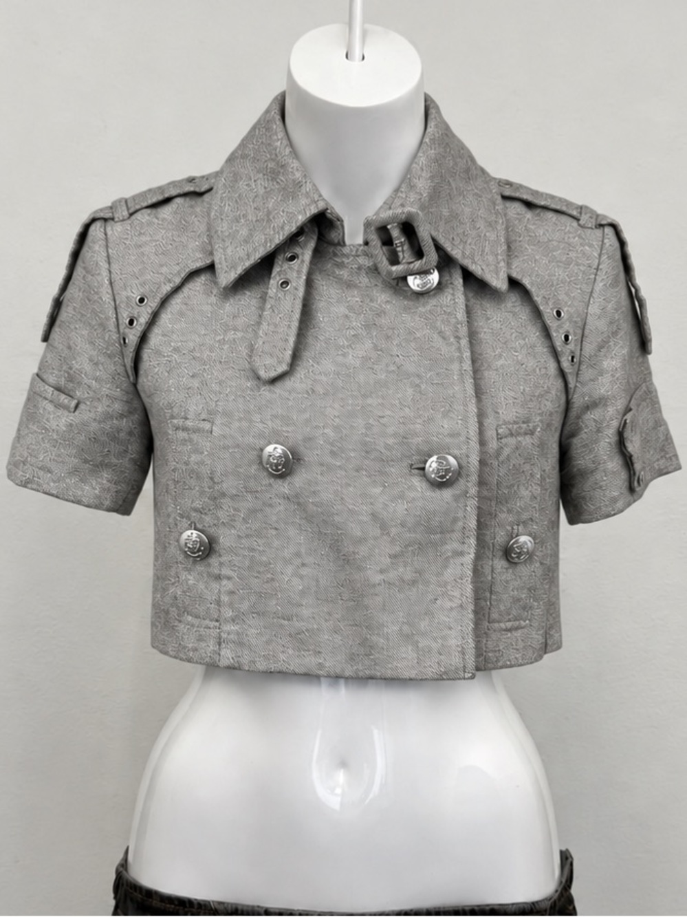 By Malene Birger Metallic Silver Cropped Jacket Short Sleeve Y2K Military Size M